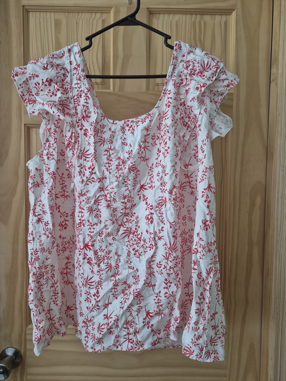 BloomChic White Top with Red Floral Ruffle Sleeves